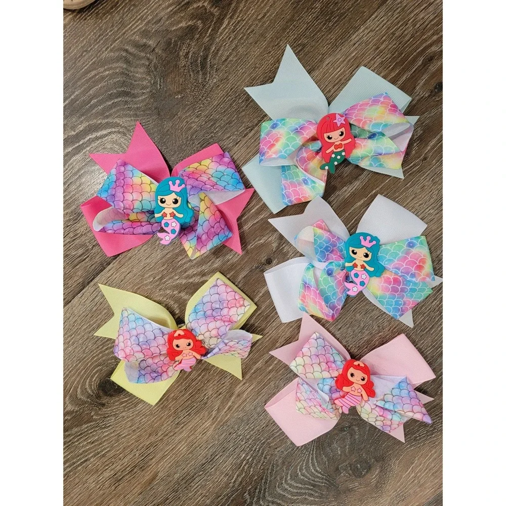 5pc Mermaid Hair Bows Grosgrain Rainbow Scale Alligator Clips 5